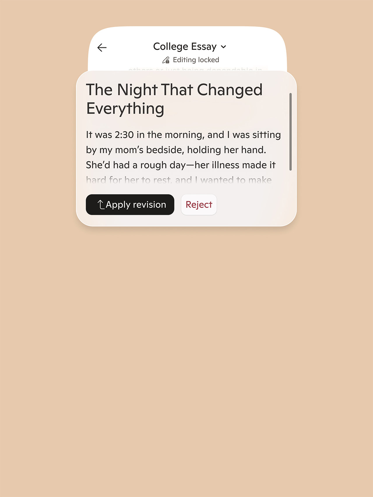 A Copilot Pages screen showing results for a College Application Essay with a “Apply revision” and “Reject” button