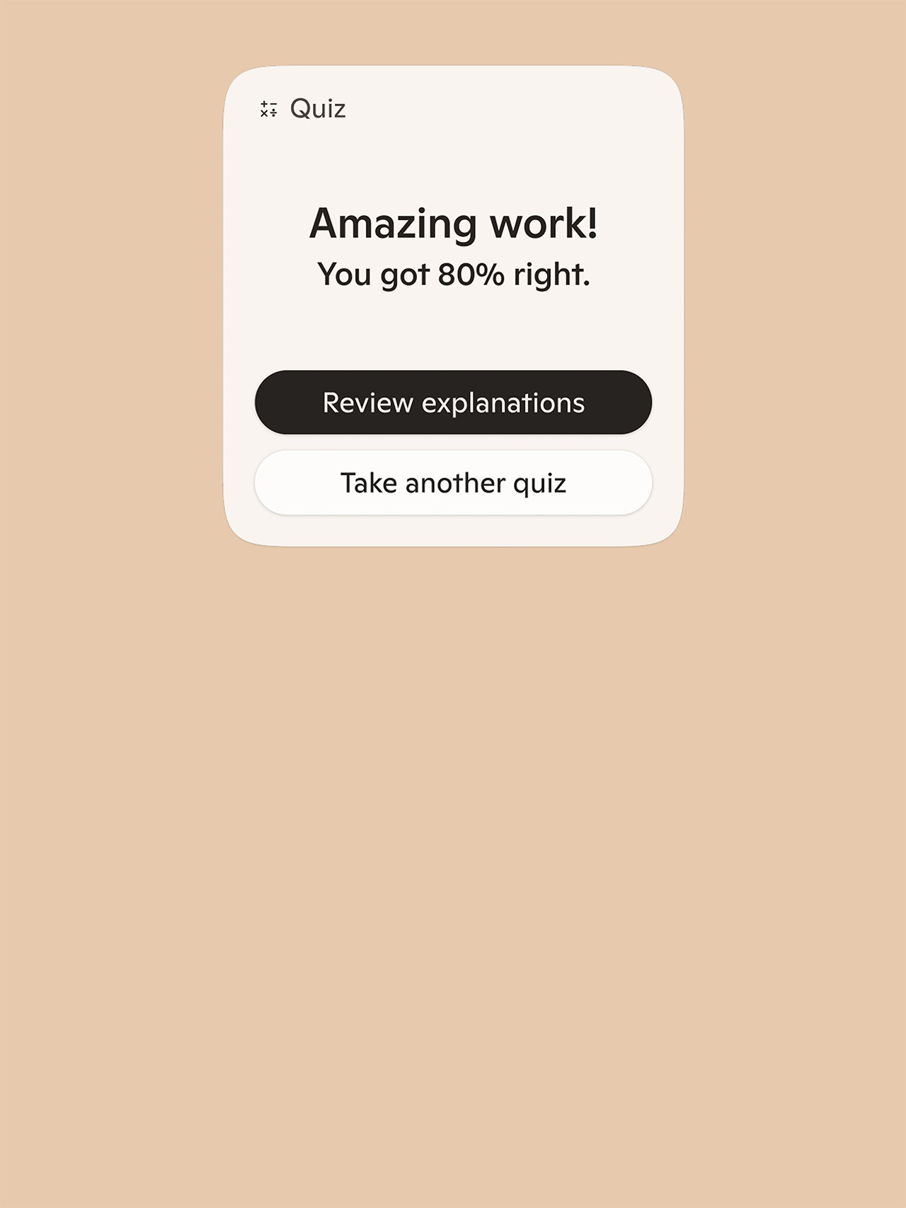 Copilot Quizzes showing results that says “Amazing work! You got 80% right.” with a “Review explanations” and “Take another quiz” buttons