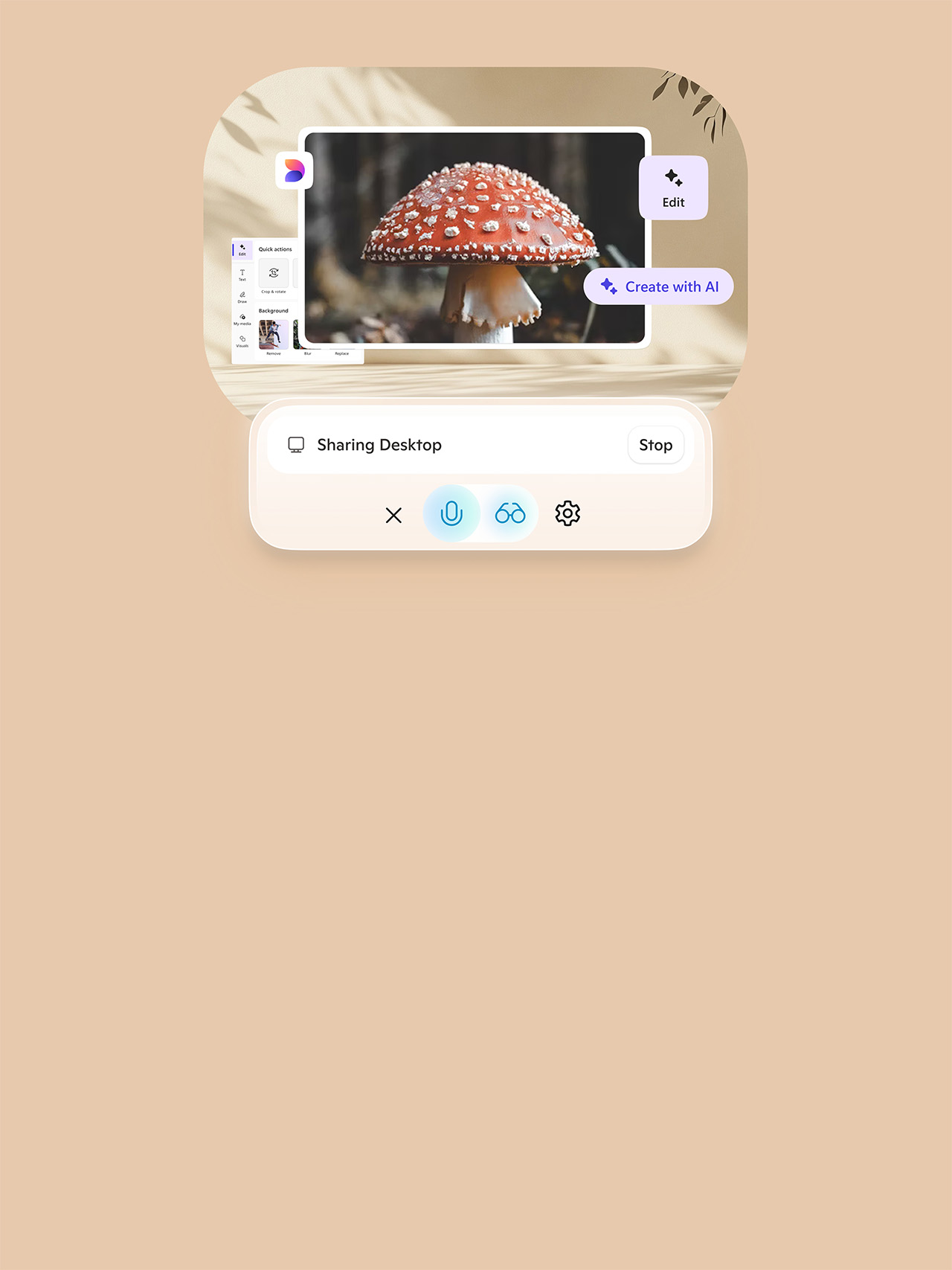 A Copilot composer bar with Vision selected with the text “Sharing Desktop” over an AI generated image of a mushroom