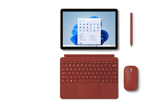 A render of Surface Type Cover, Surface Pen and Surface Mouse in Poppy Red.
