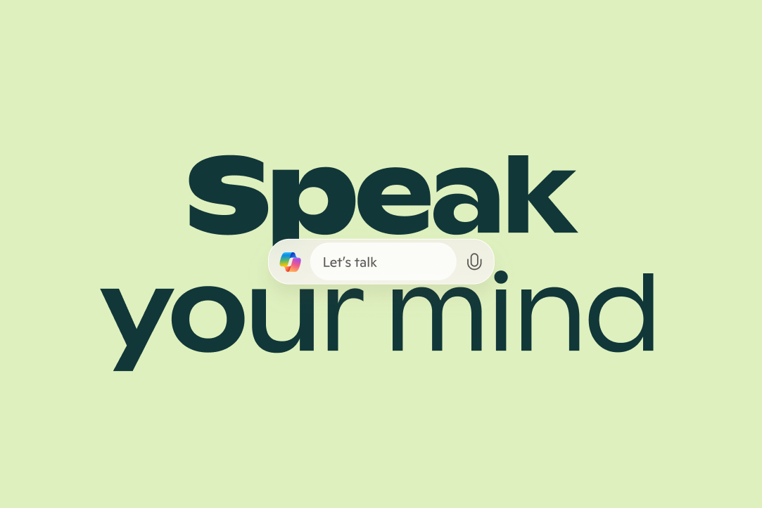 The Copilot search bar with the words speak your mind written in large font above and below it on a light green background