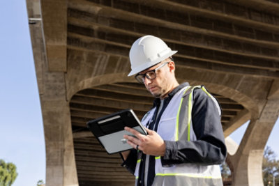 A person in a construction hat and vest using a Surface device