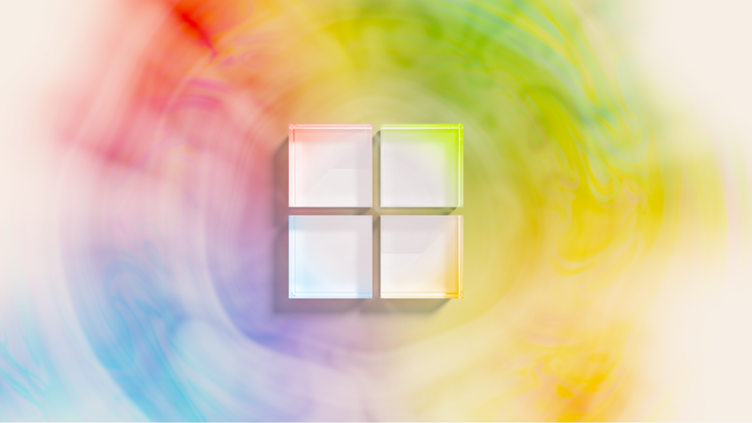 A white glass-like Windows logo has a colorful water ripple design in the background.