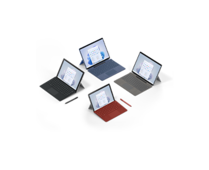 Image des produits suivants : Surface Pro 9, clavier Signature Keyboard pour Surface Pro, stylet Surface Slim Pen 2, Surface Pro 7+, stylet Surface, clavier Type Cover pour Surface Pro, Surface Go 3 et Surface Go. Couleurs du clavier Type Cover : Rouge Coquelicot, Anthracite et Saphir