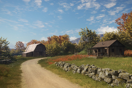 Farm at the end of a dirt road scene from Thehunter: Call Of The Wild video game