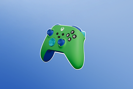 Green and blue Xbox controller on a blue gradient background