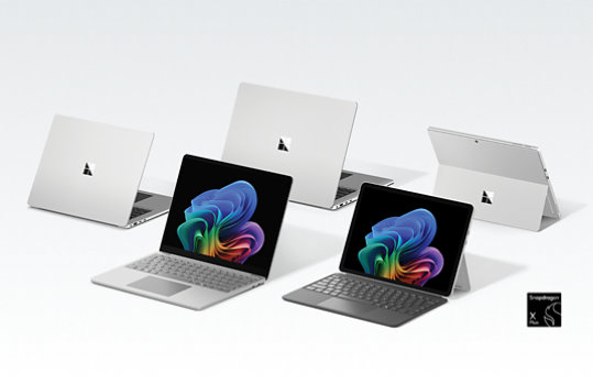 Surface laptop 13 inch snapdragon and surface pro 12 inch snapdragon interactive hero desktop image.
