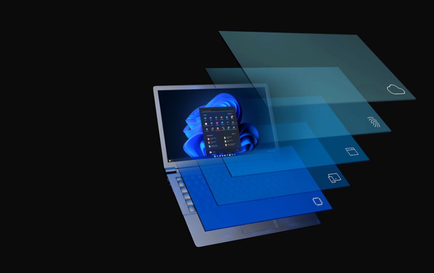 Een laptop met het startscherm van Windows 11 en vijf blauwe lagen bovenop het apparaat. De lagen vertegenwoordigen elk een aspect van de beveiliging van Windows 11: hardwarebeveiliging, beveiliging van het besturingssysteem, applicatiebeveiliging, identiteits- en cloudbeveiliging.