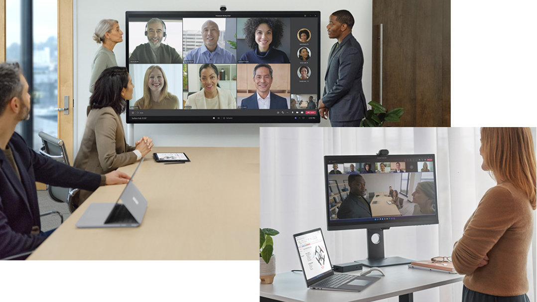 An in-person meeting is happening in a conference room while a remote co-worker observes the meeting from her device