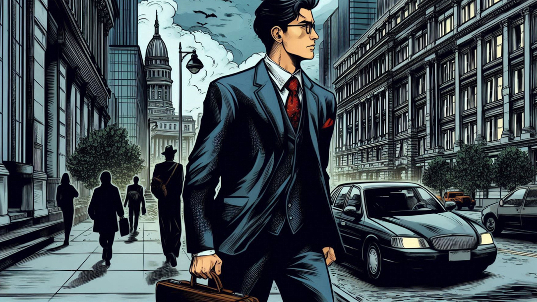 A comic of a lawyer walking to work