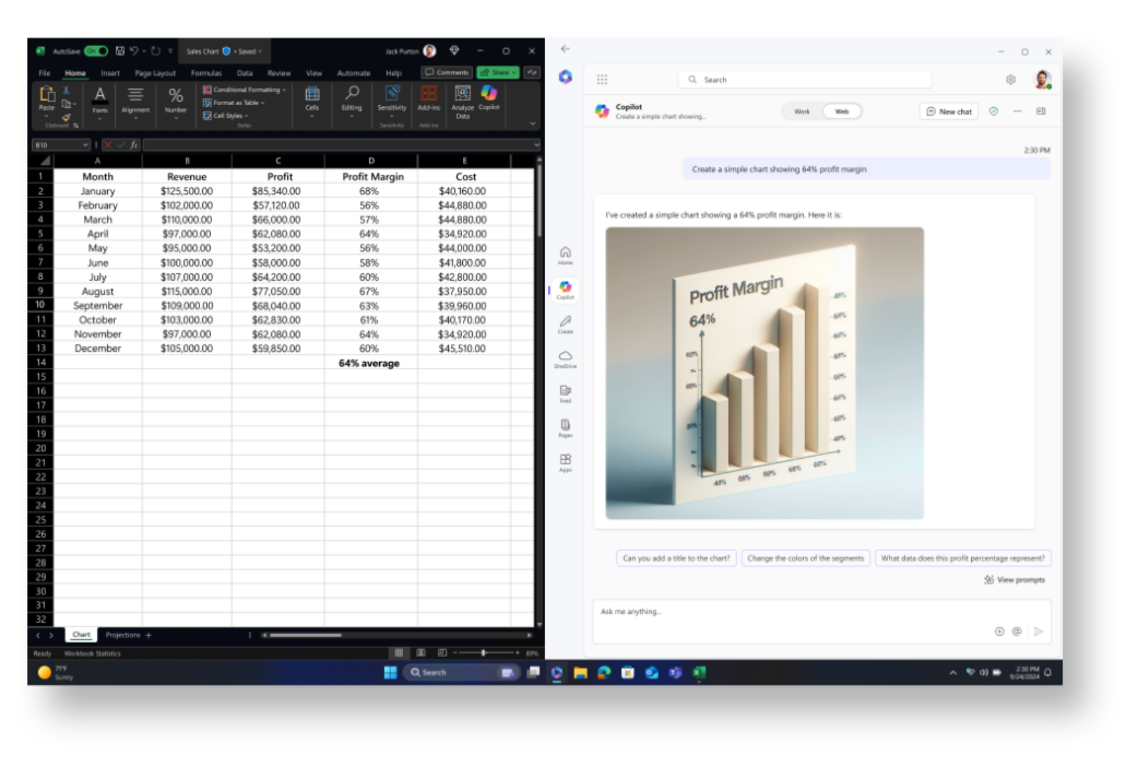 Windows home screen with an excel document open and Copilot tab