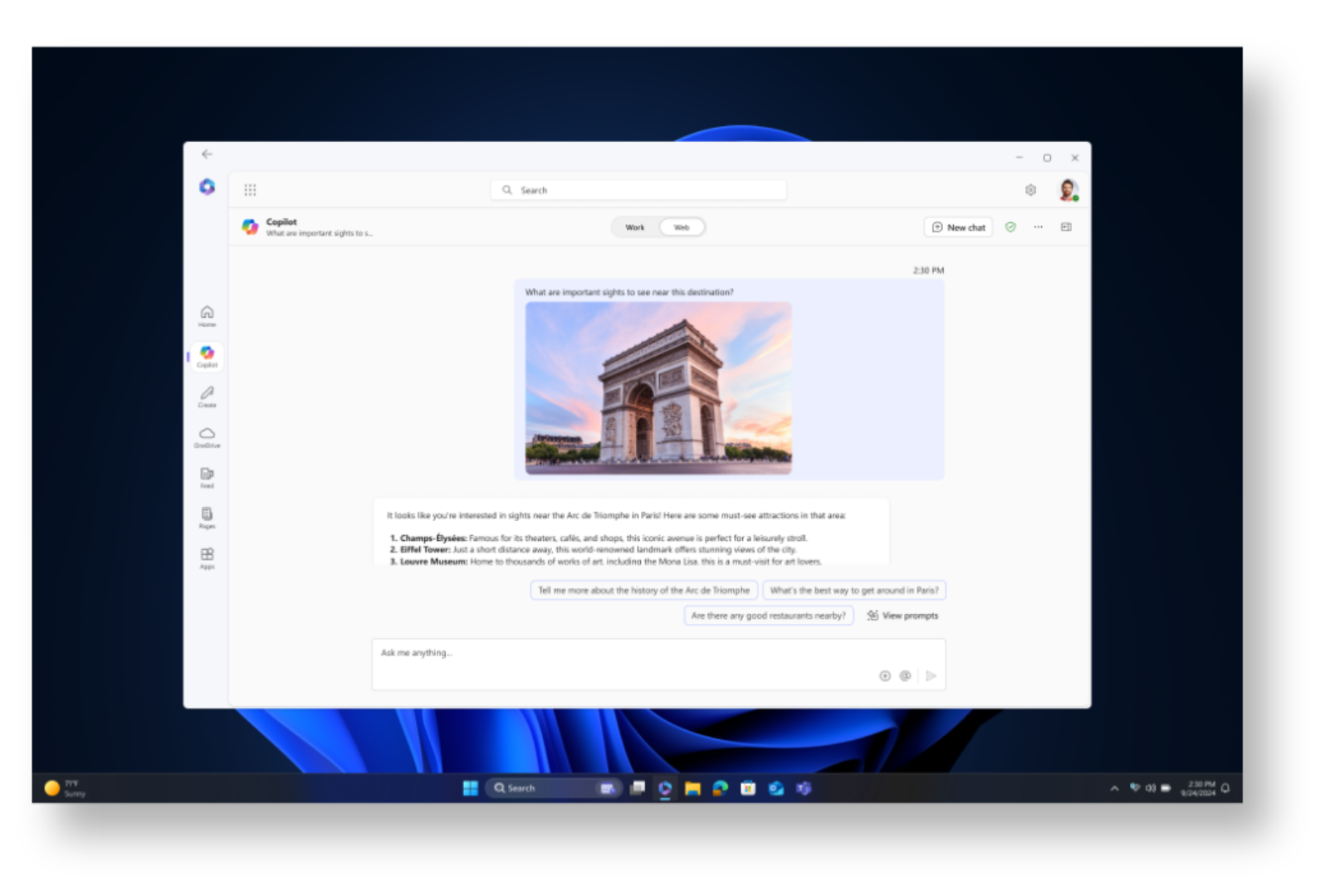 Windows home screen with Copilot tab open on the right using the search function.