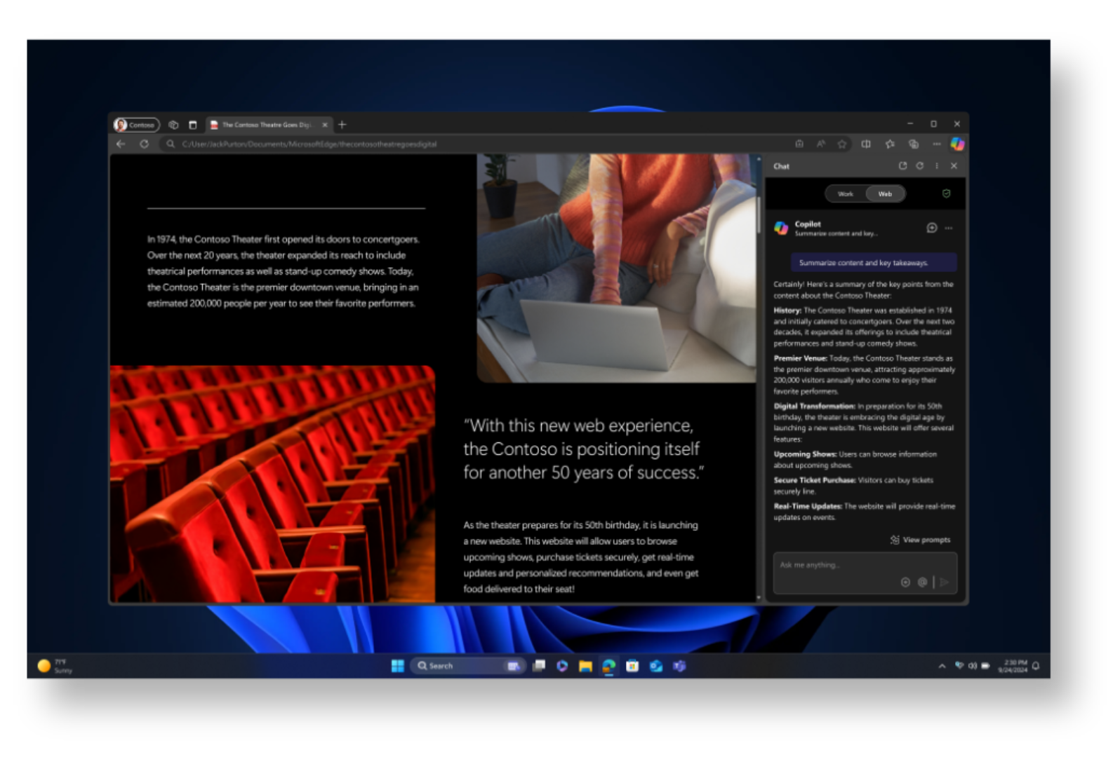Windows home screen with a pdf document open and a Copilot tab open on the right that is summarizing the document.