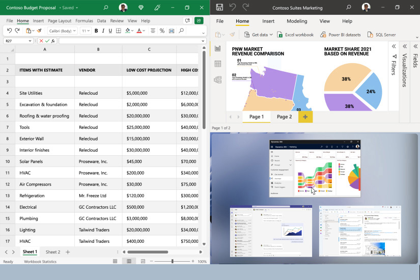 Se observa una distribución de acoplamiento con PowerPoint y Excel en la pantalla de un dispositivo Surface Laptop 5