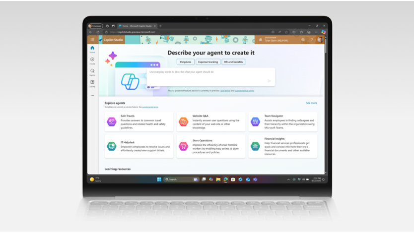 Copilot のワークフローを表示した、開いているノート PC。