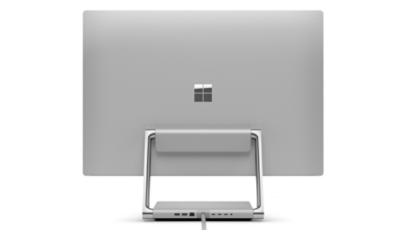 Surface Studio 2+ 的背面圖，強調支軸。
