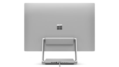 A rear view of Surface Studio 2+, highlighting the hinge.