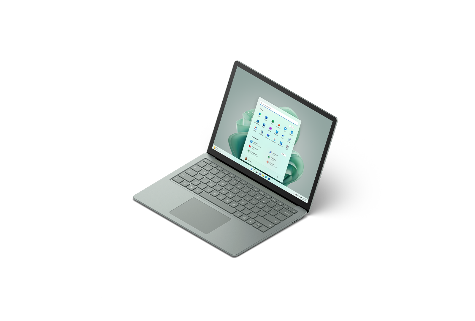 Surface Laptop 5 from a 3/4 view in sage.