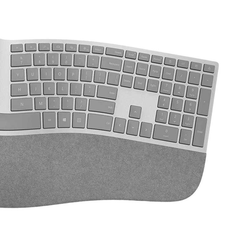 畫面顯示白金色 Surface Ergo Keyboard 的右半邊。