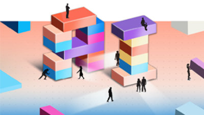 Група хора, които се разхождат по блокчета