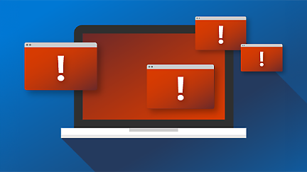 Um ecrã de computador com ícones de exclamação vermelhos e brancos