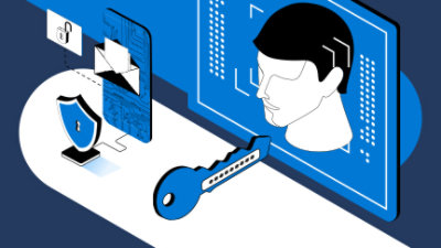 A computer screen with a key and a person's head