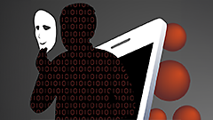 Binary humanoid emerging from laptop amid red spheres in graphic illustration