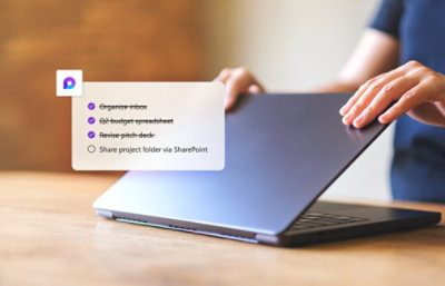 Person closing laptop, with a checklist of tasks in Loop