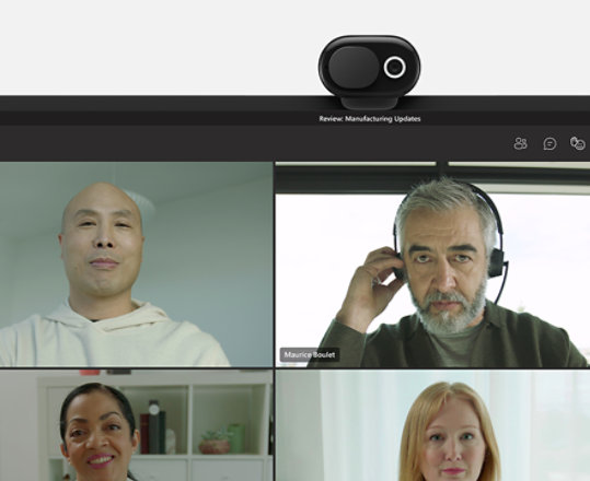 A render of Microsoft Modern Webcam attached to a Surface device showing a Microsoft Teams meeting