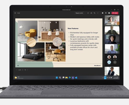 La télécommande Microsoft Presenter Plus à côté d’un appareil Surface avec un appel Microsoft Teams à l’écran