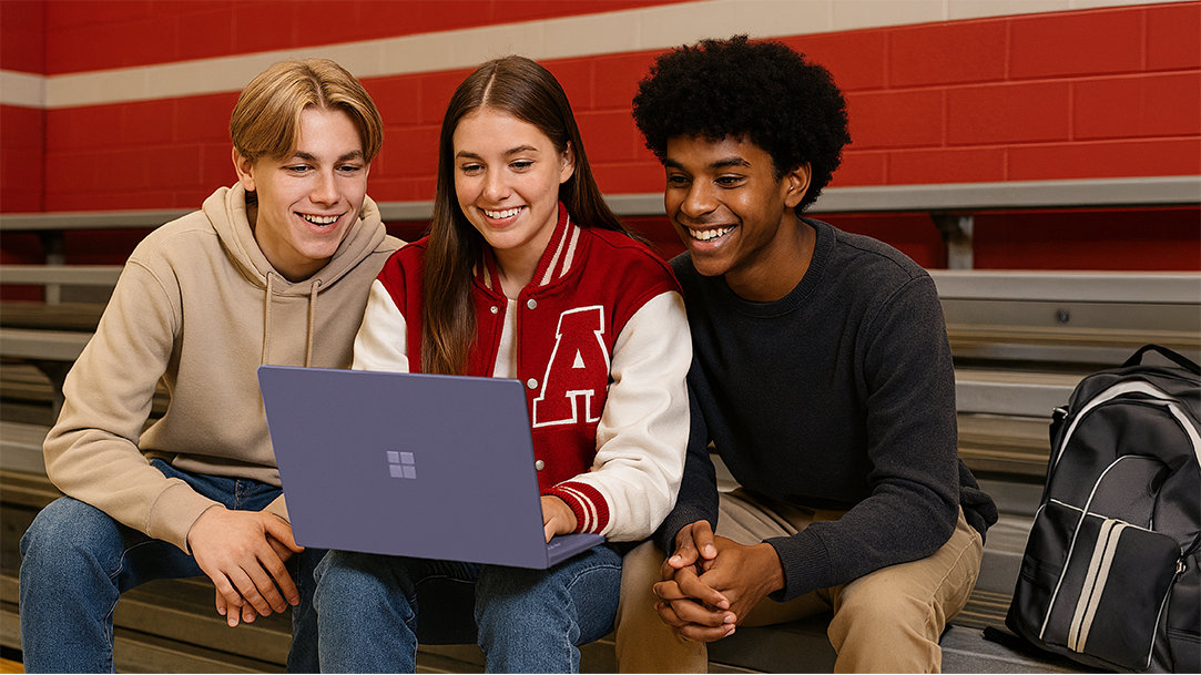 Three high school students sitting on the bleachers in a school gymnasium, using a Surface Laptop