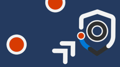 A blue background with white circles and red dots