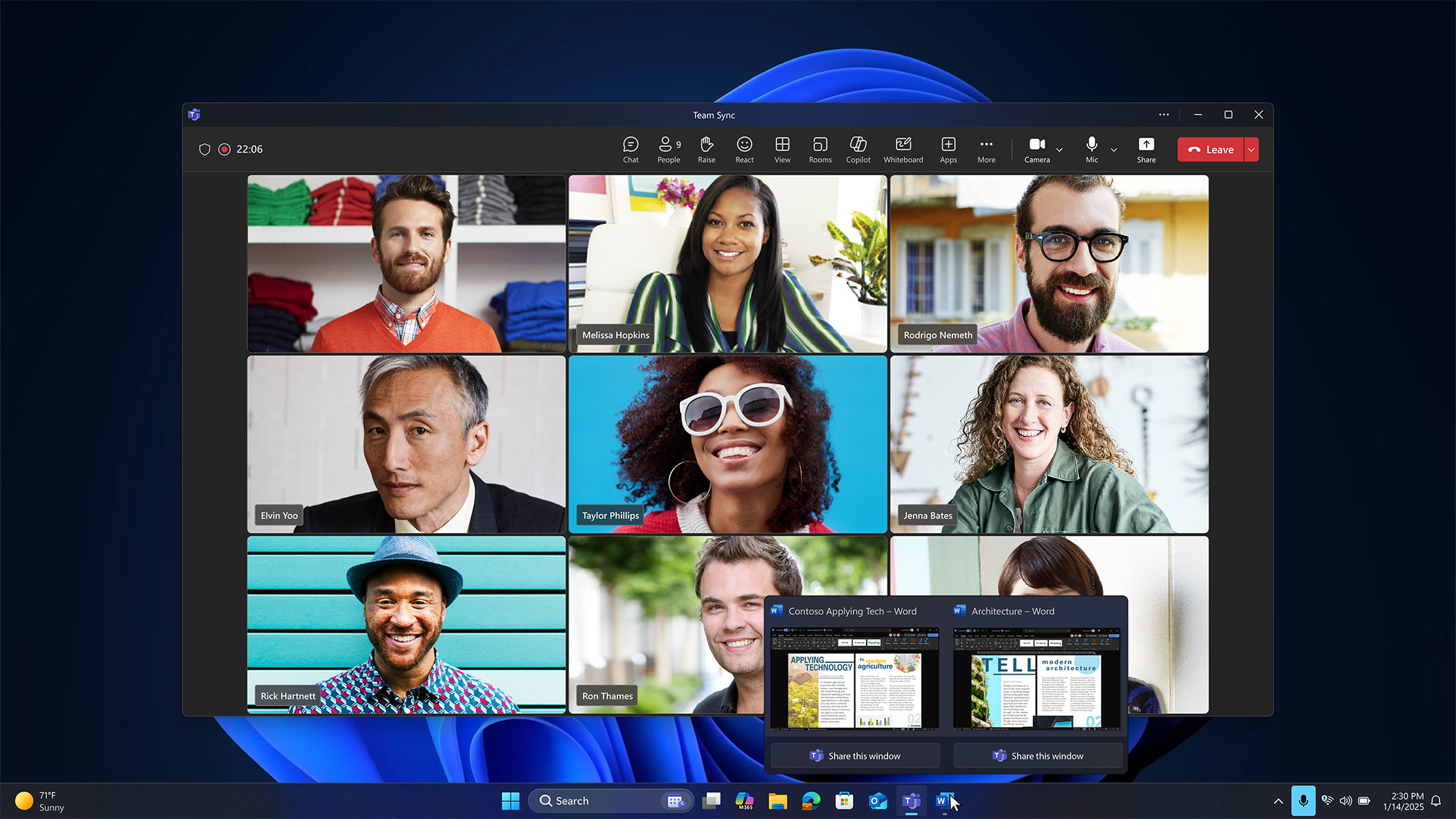 Screenshot of a video conference call with nine blurred participants arranged in a 3x3 grid. Below the call, two Word documents titled 'Common Applying Tech' and 'Architecture' are visible, with sharing options displayed
