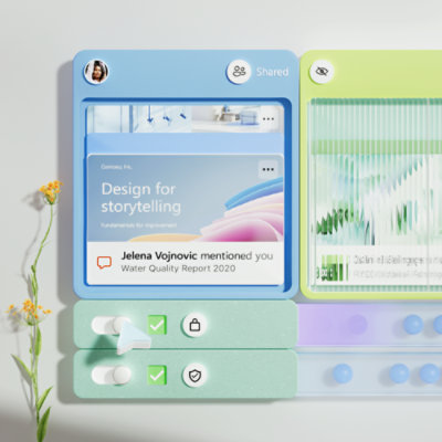 גרפיקה מעוצבת של ממשק משתמש עם ערכת צבעים של כחול וירוק בהיר. היא כוללת מסמך בשם 'עיצוב לסיפור' עם תמונה של עננים והרים, וסמלים להערות, סימון ב'אהבתי' ושיתוף למטה.