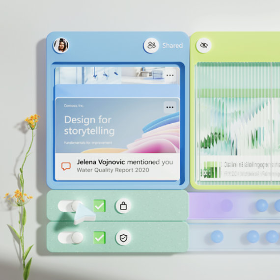 A stylized graphic of a user interface with a light blue and green color scheme. It features a document titled ‘Design for storytelling’ with an image of clouds and mountains, and icons for comments, like, and share below.