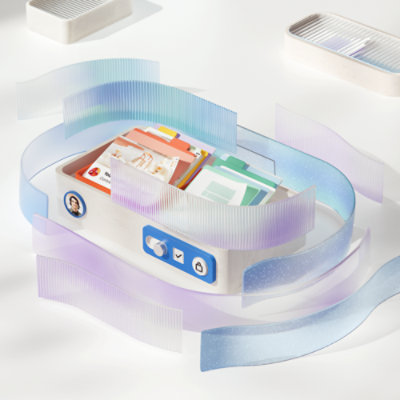 קבוצה של אפליקציות וסמלים צבעוניים, עטופים במבנים חצי שקופים בצורת רצועות.