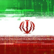 Iranian flag overlaid with binary code and digital symbols