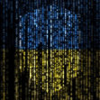 Ukrainian flag in binary code with a central shield emblem