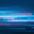 Abstract digital background with blue and red binary code and horizontal light streaks on a dark backdrop.