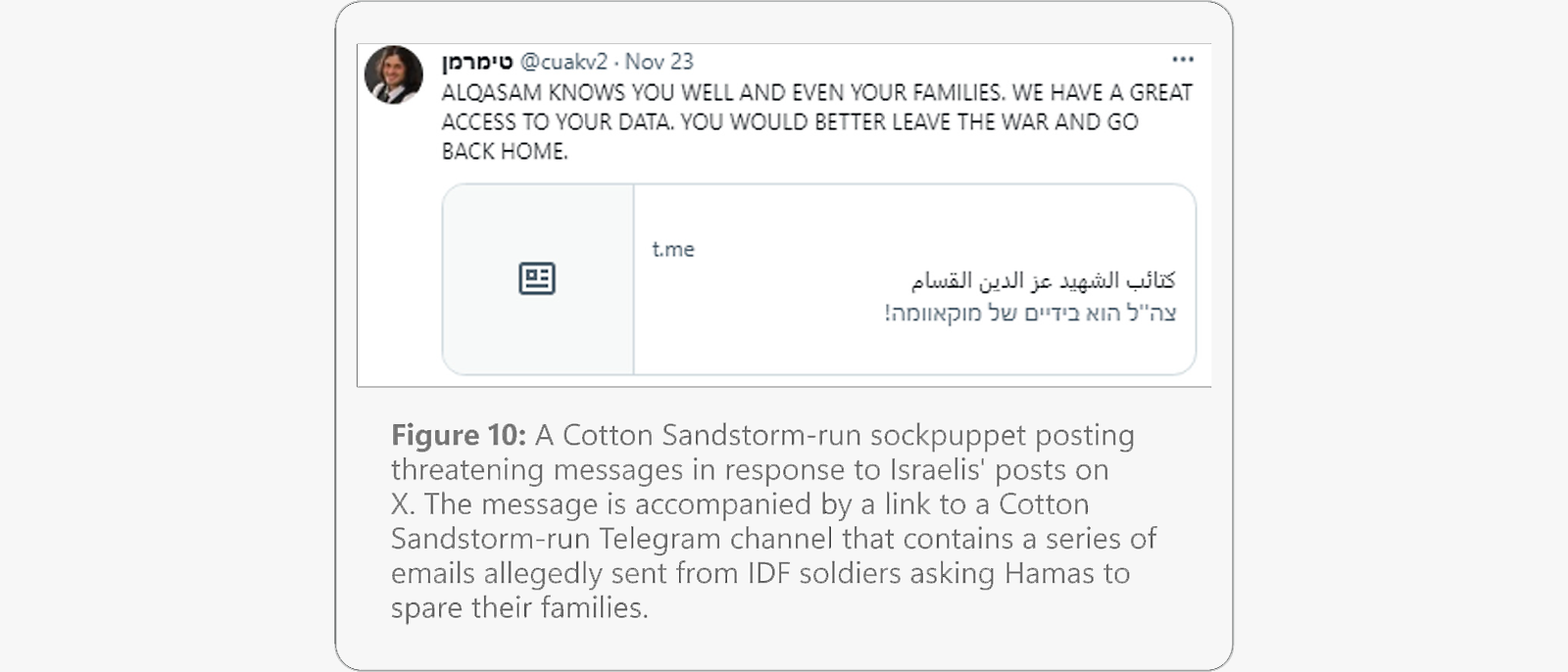 Drohnachricht von einer angeblich von Cotton Sandstorm betriebenen Sockenpuppe, die auf den Zugang zu persönlichen Daten hinweist und zur Beendigung des Kriegsdienstes auffordert.