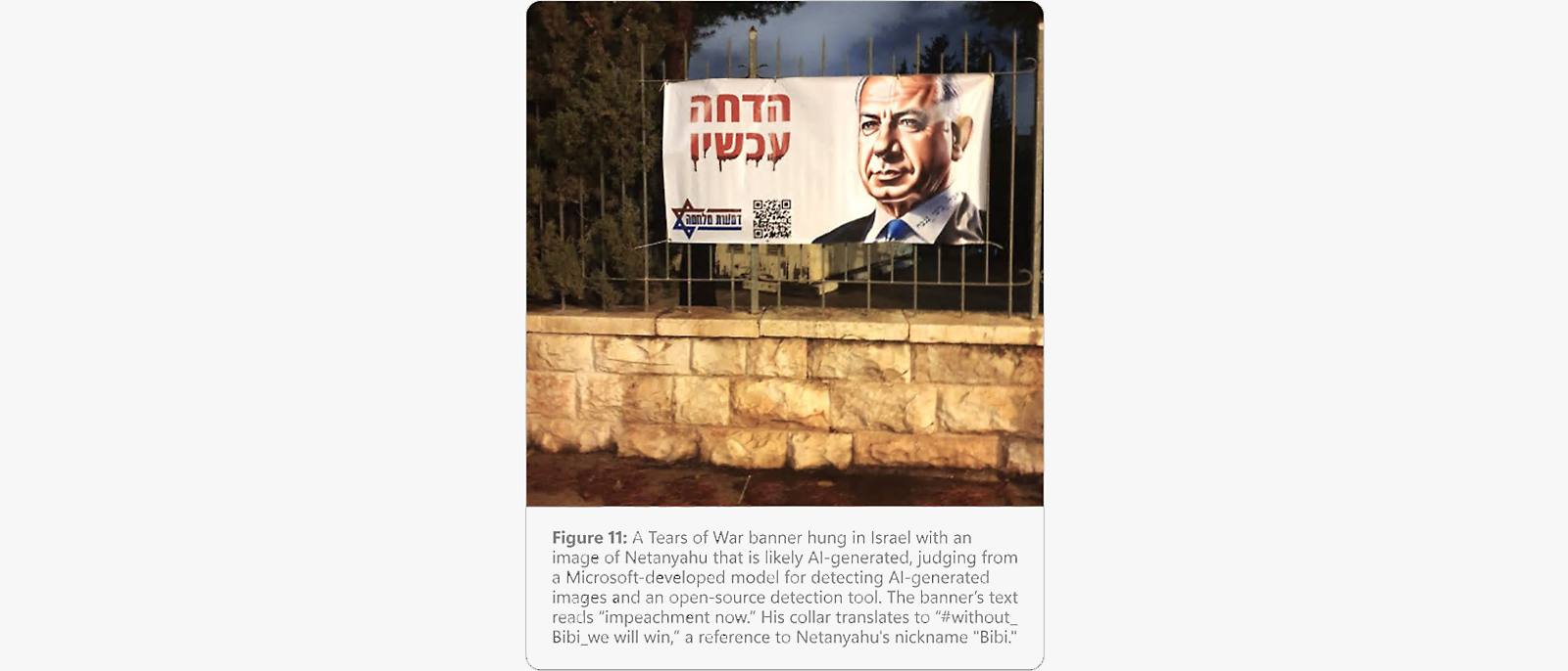 11. attēls: Tears of War reklāmkarogs Izraēlā ar mākslīgā intelekta ģenerētu Netanjahu attēlu un tekstu “Impeachment now” (impīčments tagad).