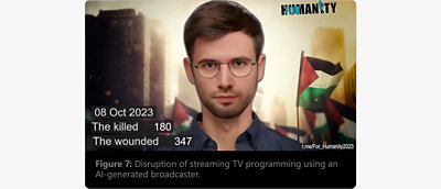 HUMANITY 2023: Oct 8, 180 killed, 347 wounded. Figure 7: Disruption of streaming TV using AI-generated broadcaster