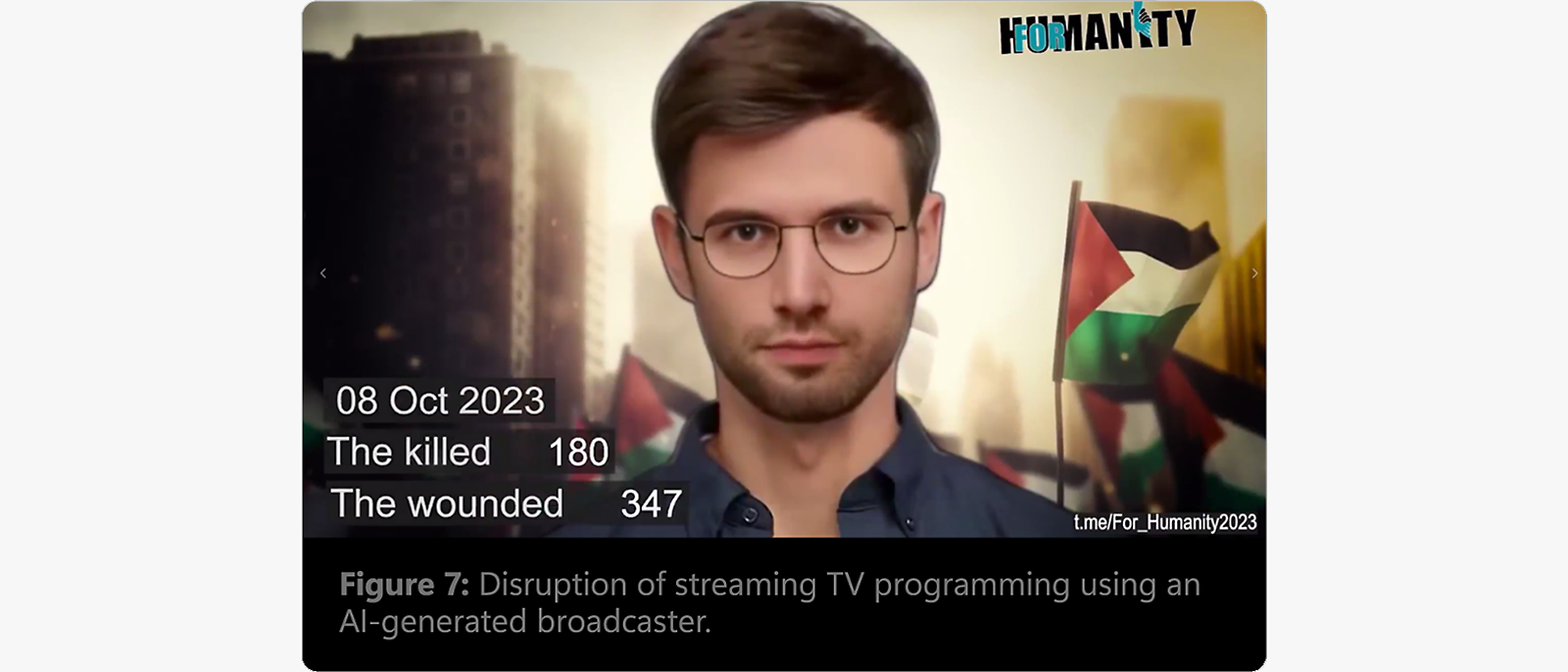 HUMANITY 2023: Oct 8, 180 killed, 347 wounded. Figure 7: Disruption of streaming TV using AI-generated broadcaster