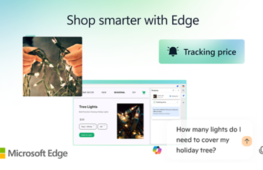 Hand holding holiday lights with words that say Shop smarter with Edge and a price tracker