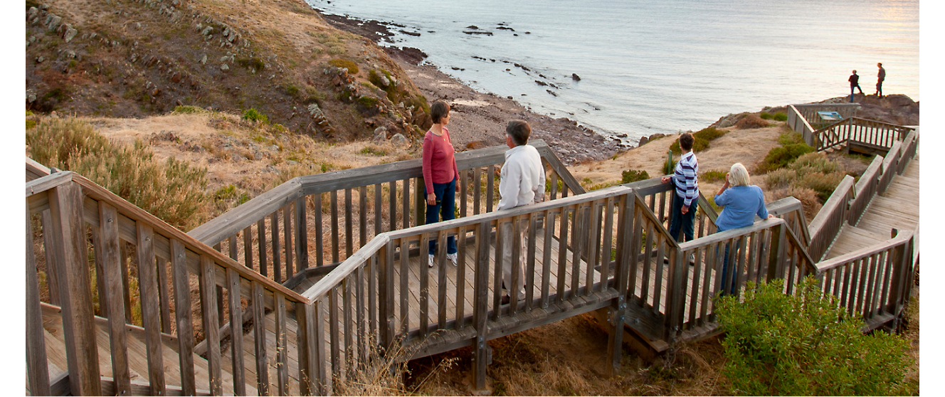 A person and another person standing on a wooden deck overlooking a body of water
