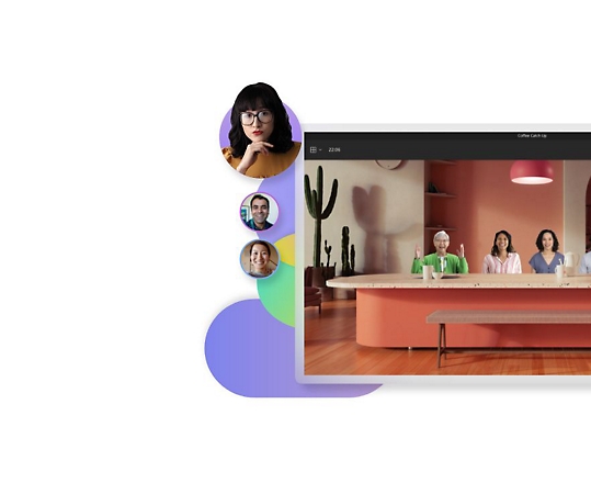 Tampilan desktop panggilan video Teams dalam mode bersama dan tampilan seluler panggilan video Teams lainnya.