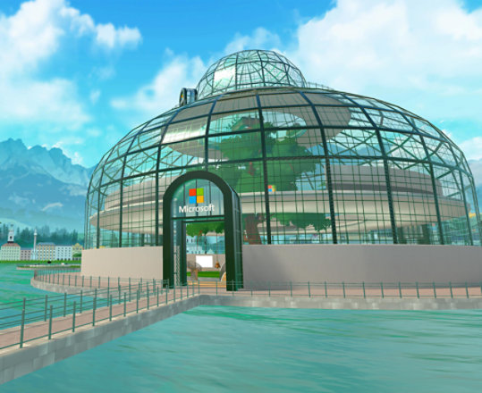 Mesh avatars sitting around a U-shaped conference table watching a presentation and reacting with emojis