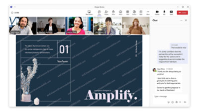 Tela de reunião virtual com seis participantes, com foco em uma apresentação sobre estratégias de conteúdo 