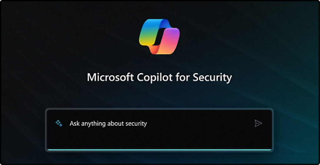 A digital screen featuring the logo for "microsoft copilot for security" and a user interface prompt that says