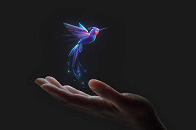 A hologram of a hummingbird over a hand.
